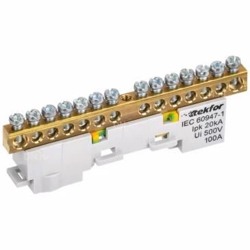 Шина IEK TEKFOR PE земля 6х9-14-Ж, исполнение - неизолированная на универсальном держателе, количество соединений - 14, материал - латунь, цвет - желтый, TF-NN10-14-DL-K05