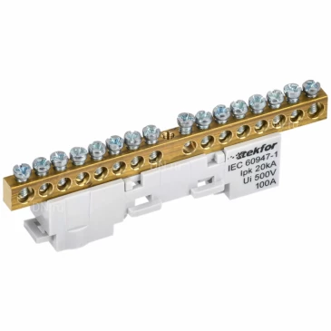 Шина IEK TEKFOR L фаза 6х9-16-Ср, исполнение - неизолированная на универсальном держателе, количество соединений - 16, материал - латунь, цвет - серый, TF-NN10-16-DL-K03