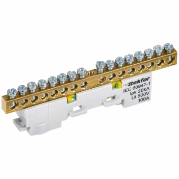 Шина IEK TEKFOR PE земля 6х9-16-Ж, исполнение - неизолированная на универсальном держателе, количество соединений - 16, материал - латунь, цвет - желтый, TF-NN10-16-DL-K05