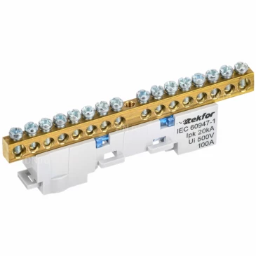 Шина IEK TEKFOR N ноль 6х9-16-С, исполнение - неизолированная на универсальном держателе, количество соединений - 16, материал - латунь, цвет - синий, TF-NN10-16-DL-K07