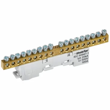 Шина IEK TEKFOR L фаза 6х9-18-Ср, исполнение - неизолированная на универсальном держателе, количество соединений - 18, материал - латунь, цвет - серый, TF-NN10-18-DL-K03