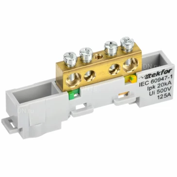 Шина IEK TEKFOR PE земля 8х12-4-Ж, исполнение - неизолированная на универсальном держателе, количество соединений - 4, материал - латунь, цвет - желтый, TF-NN20-04-DL-K05