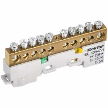 Шина IEK TEKFOR PE земля 8х12-10-Ж, исполнение - неизолированная на универсальном держателе, количество соединений - 10, материал - латунь, цвет - желтый, TF-NN20-10-DL-K05