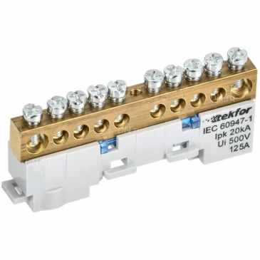 Шина IEK TEKFOR N ноль 8х12-10-С, исполнение - неизолированная на универсальном держателе, количество соединений - 10, материал - латунь, цвет - синий, TF-NN20-10-DL-K07