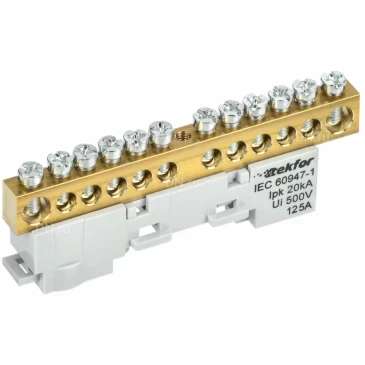 Шина IEK TEKFOR L фаза 8х12-12-Ср, исполнение - неизолированная на универсальном держателе, количество соединений - 12, материал - латунь, цвет - серый, TF-NN20-12-DL-K03