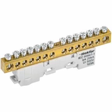 Шина IEK TEKFOR L фаза 8х12-14-Ср, исполнение - неизолированная на универсальном держателе, количество соединений - 14, материал - латунь, цвет - серый, TF-NN20-14-DL-K03