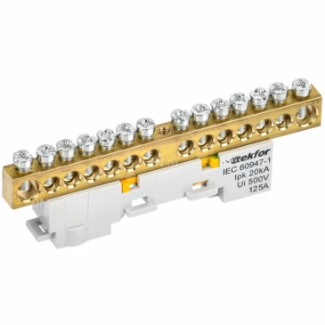 Шина IEK TEKFOR PE земля 8х12-14-Ж, исполнение - неизолированная на универсальном держателе, количество соединений - 14, материал - латунь, цвет - желтый, TF-NN20-14-DL-K05