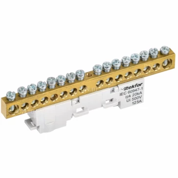 Шина IEK TEKFOR L фаза 8х12-16-Ср, исполнение - неизолированная на универсальном держателе, количество соединений - 16, материал - латунь, цвет - серый, TF-NN20-16-DL-K03