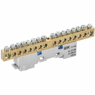 Шина IEK TEKFOR N ноль 8х12-16-С, исполнение - неизолированная на универсальном держателе, количество соединений - 16, материал - латунь, цвет - синий, TF-NN20-16-DL-K07