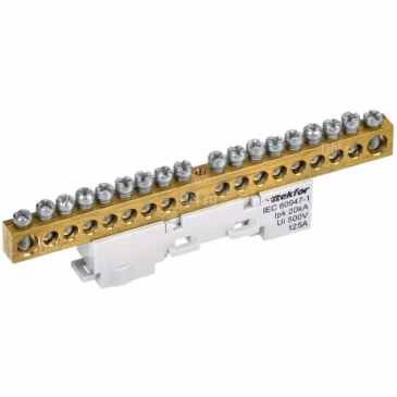 Шина IEK TEKFOR L фаза 8х12-18-Ср, исполнение - неизолированная на универсальном держателе, количество соединений - 18, материал - латунь, цвет - серый, TF-NN20-18-DL-K03