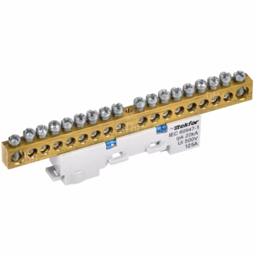 Шина IEK TEKFOR N ноль 8х12-18-С, исполнение - неизолированная на универсальном держателе, количество соединений - 18, материал - латунь, цвет - синий, TF-NN20-18-DL-K07