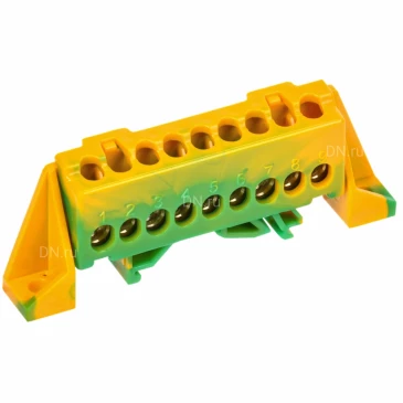 Шина IEK TEKFOR PE земля 6х9-9-ЖЗ, исполнение - в комбинированном DIN-изоляторе Стойка, количество соединений - 9, материал - латунь, цвет - желтый, зеленый, TF-NN10-09-DP-K52