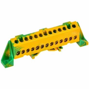 Шина IEK TEKFOR PE земля 6х9-13-ЖЗ, исполнение - в комбинированном DIN-изоляторе Стойка, количество соединений - 13, материал - латунь, цвет - желтый, зеленый, TF-NN10-13-DP-K52