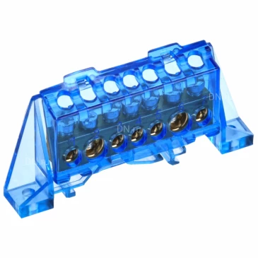 Шина IEK TEKFOR N ноль 8х12-7-С, исполнение - в комбинированном DIN-изоляторе Стойка, количество соединений - 7, материал - латунь, цвет - синий, TF-NN20-07-DP-K07