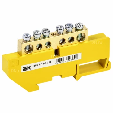 Шина IEK PE земля ШНИ-8х12-6-Д-Ж исполнение изолятора - с DIN-изолятором, количество соединений - 6, материал - латунь, цвет - желтый, YNN10-812-6D-K05
