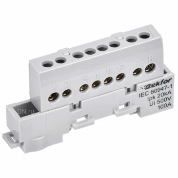 Шина IEK TEKFOR L фаза 6х9-8-Ср, исполнение - изолированная на универсальном держателе, количество соединений - 8, материал - латунь, цвет - серый, TF-NN10-08-KL-K03