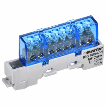 Шина IEK TEKFOR N ноль 6х9-8-С, исполнение - изолированная на универсальном держателе, количество соединений - 8, материал - латунь, цвет - синий, TF-NN10-08-KL-K07