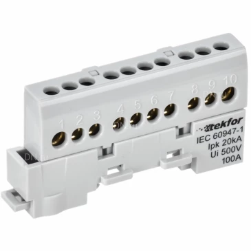 Шина IEK TEKFOR L фаза 6х9-10-Ср, исполнение - изолированная на универсальном держателе, количество соединений - 10, материал - латунь, цвет - серый, TF-NN10-10-KL-K03