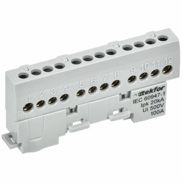 Шина IEK TEKFOR L фаза 6х9-12-Ср, исполнение - изолированная на универсальном держателе, количество соединений - 12, материал - латунь, цвет - серый, TF-NN10-12-KL-K03