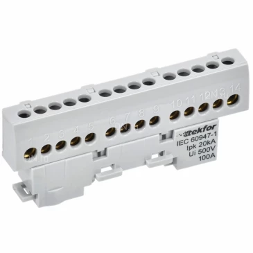 Шина IEK TEKFOR L фаза 6х9-14-Ср, исполнение - изолированная на универсальном держателе, количество соединений - 14, материал - латунь, цвет - серый, TF-NN10-14-KL-K03