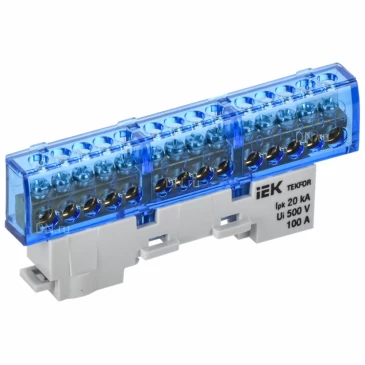 Шина IEK TEKFOR N ноль 6х9-14-С, исполнение - изолированная на универсальном держателе, количество соединений - 14, материал - латунь, цвет - синий, TF-NN10-14-KL-K07