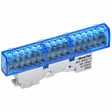 Шина IEK TEKFOR N ноль 6х9-16-С, исполнение - изолированная на универсальном держателе, количество соединений - 16, материал - латунь, цвет - синий, TF-NN10-16-KL-K07