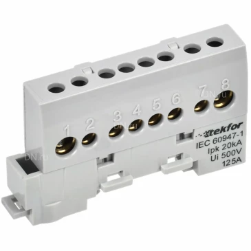 Шина IEK TEKFOR L фаза 8х12-8-Ср, исполнение - изолированная на универсальном держателе, количество соединений - 8, материал - латунь, цвет - серый, TF-NN20-08-KL-K03