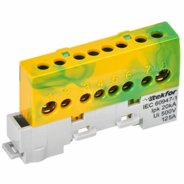 Шина IEK TEKFOR PE земля 8х12-8-ЖЗ, исполнение - изолированная на универсальном держателе, количество соединений - 8, материал - латунь, цвет - желтый, зеленый, TF-NN20-08-KL-K52