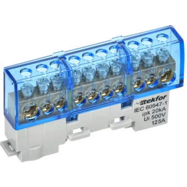 Шина IEK TEKFOR N ноль 8х12-10-С, исполнение - изолированная на универсальном держателе, количество соединений - 10, материал - латунь, цвет - синий, TF-NN20-10-KL-K07