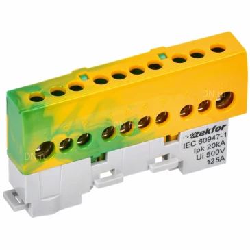 Шина IEK TEKFOR PE земля 8х12-10-ЖЗ, исполнение - изолированная на универсальном держателе, количество соединений - 10, материал - латунь, цвет - желтый, зеленый, TF-NN20-10-KL-K52