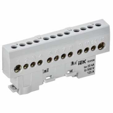 Шина IEK TEKFOR L фаза 8х12-12-Ср, исполнение - изолированная на универсальном держателе, количество соединений - 12, материал - латунь, цвет - серый, TF-NN20-12-KL-K03