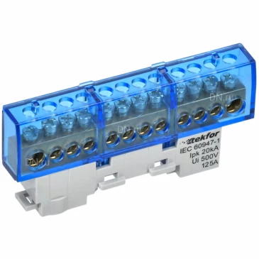 Шина IEK TEKFOR N ноль 8х12-12-С, исполнение - изолированная на универсальном держателе, количество соединений - 12, материал - латунь, цвет - синий, TF-NN20-12-KL-K07