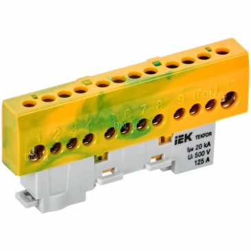 Шина IEK TEKFOR PE земля 8х12-12-ЖЗ, исполнение - изолированная на универсальном держателе, количество соединений - 12, материал - латунь, цвет - желтый, зеленый, TF-NN20-12-KL-K52