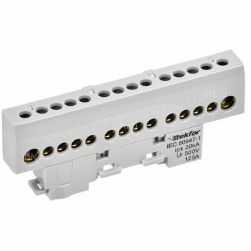 Шина IEK TEKFOR L фаза 8х12-14-Ср, исполнение - изолированная на универсальном держателе, количество соединений - 14, материал - латунь, цвет - серый, TF-NN20-14-KL-K03