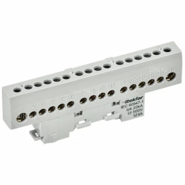 Шина IEK TEKFOR L фаза 8х12-16-Ср, исполнение - изолированная на универсальном держателе, количество соединений - 16, материал - латунь, цвет - серый, TF-NN20-16-KL-K03