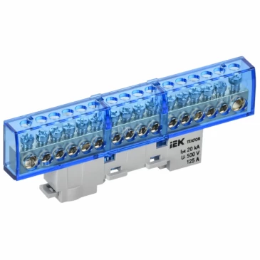 Шина IEK TEKFOR N ноль 8х12-16-С, исполнение - изолированная на универсальном держателе, количество соединений - 16, материал - латунь, цвет - синий, TF-NN20-16-KL-K07