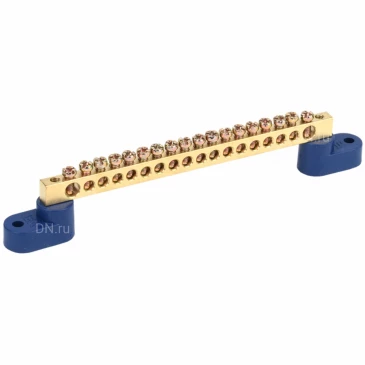 Шина IEK N ноль ШНИ-6х9-18-У2-С исполнение изолятора - с двумя угловыми изоляторами, количество соединений - 18, материал - латунь, цвет - синий, YNN10-69-18C2-K07