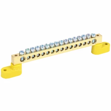 Шина IEK PE земля ШНИ-8х12-16-У2-Ж исполнение изолятора - с двумя угловыми изоляторами, количество соединений - 16, материал - латунь, цвет - желтый, YNN10-812-16C2-K05