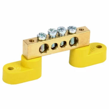 Шина IEK PE земля ШНИ-8х12-4-У2-Ж исполнение изолятора - с двумя угловыми изоляторами, количество соединений - 4, материал - латунь, цвет - желтый, YNN10-812-4C2-K05