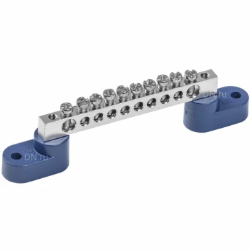 Шина IEK N ноль ШНИ-6х9-10-У2-С Ni исполнение изолятора - с двумя угловыми изоляторами, количество соединений - 10, материал - латунь никелированная, цвет - синий, YNN10-10-C2-K07-N