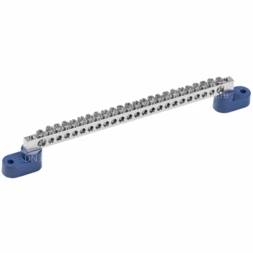 Шина IEK N ноль ШНИ-6х9-24-У2-С Ni исполнение изолятора - с двумя угловыми изоляторами, количество соединений - 24, материал - латунь никелированная, цвет - синий, YNN10-24-C2-K07-N