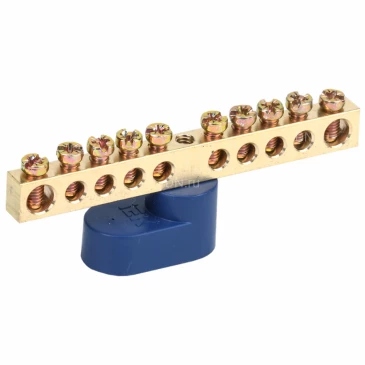 Шина IEK N ноль ШНИ-6х9-10-У1-С исполнение изолятора - с одним угловым изолятором, количество соединений - 10, материал - латунь, цвет - синий, YNN10-69-10C1-K07