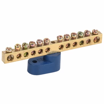 Шина IEK N ноль ШНИ-6х9-12-У1-С исполнение изолятора - с одним угловым изолятором, количество соединений - 12, материал - латунь, цвет - синий, YNN10-69-12C1-K07