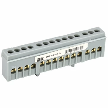 Шина IEK L фаза ШНИ-6х9-14-К-Ср исполнение изолятора - корпусной изолятор на DIN-рейку, количество соединений - 14, материал - латунь, цвет - серый, YNN10-69-14KD-K02