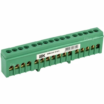 Шина IEK PE земля ШНИ-6х9-16-К-З исполнение изолятора - корпусной изолятор на DIN-рейку, количество соединений - 16, материал - латунь, цвет - зеленый, YNN10-69-16KD-K06