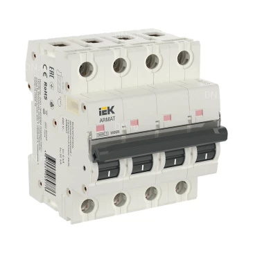 Автоматический выключатель модульный четырехполюсный IEK ARMAT M06N 4P (C) 5А 6кА, сила тока 5А, тип расцепителя C, отключающая способность 6кА AR-M06N-4-C005