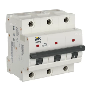 Автоматический выключатель модульный трехполюсный IEK ARMAT M10H 3P (H) 100А 10кА, сила тока 100А, тип расцепителя H, отключающая способность 10кА AR-M10H-3-H100