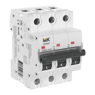 Автоматический выключатель модульный трехполюсный IEK ARMAT M10N 3P (K) 4А 7.5кА, сила тока 4А, тип расцепителя K, отключающая способность 7.5кА AR-M10N-3-K004