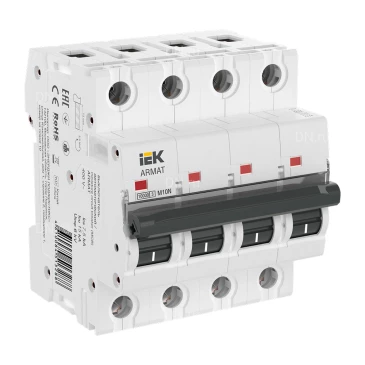 Автоматический выключатель модульный четырехполюсный IEK ARMAT M10N 4P (L) 4А 7.5кА, сила тока 4А, тип расцепителя L, отключающая способность 7.5кА AR-M10N-4-L004