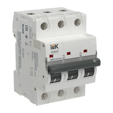 Автоматический выключатель модульный трехполюсный IEK ARMAT M10N-MA 3P (D) 50А 10кА, сила тока 50А, тип расцепителя D, отключающая способность 10кА AR-M10N-MA-3-D050